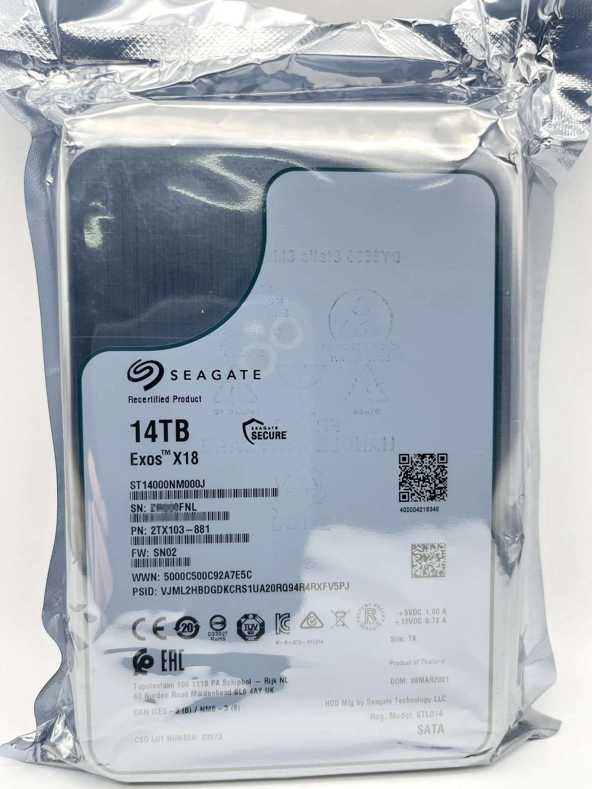 Seagate Exos 14TB ST14000NM000J 3.5 X18 256M Enterprise Internal SATA Hard Drive