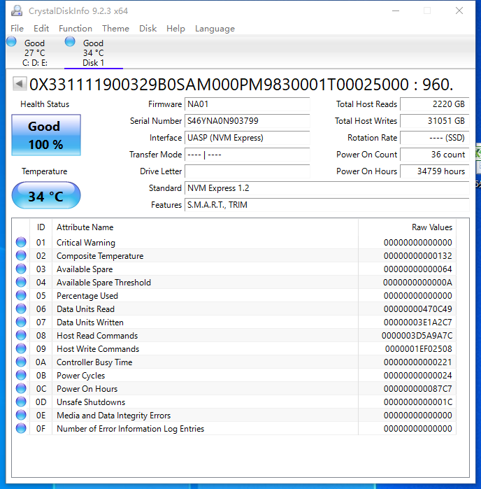 Samsung MZ-1LB9600 PM983 960GB 2.5" M.2 PCIe3 NVMe MZ1LB960HAJQ-000G5 SSD
