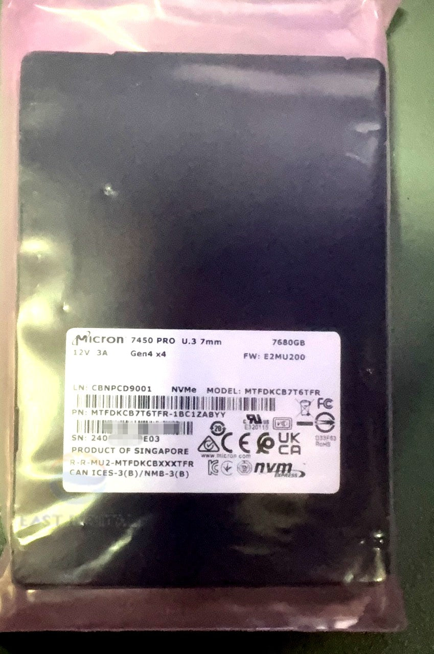 MTFDKCB7T6TFR Micron 1BC1ZABYY 7450 PRO 7.68TB U.3 NVMe 2.5" Solid State Drive