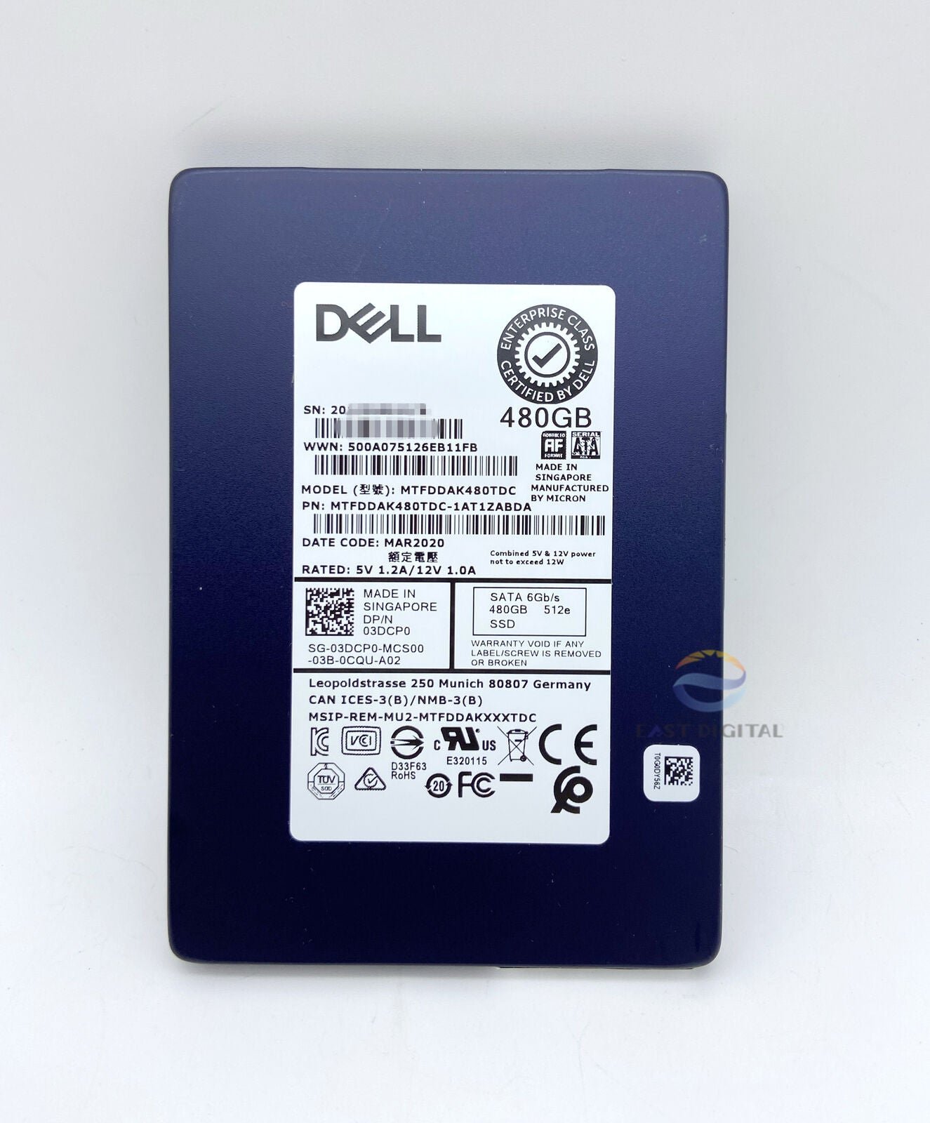 03DCP0 Dell MTFDDAK480TDC 480GB SATA 6Gb/s 512e 2.5'' Read Intensive Solid State Drive