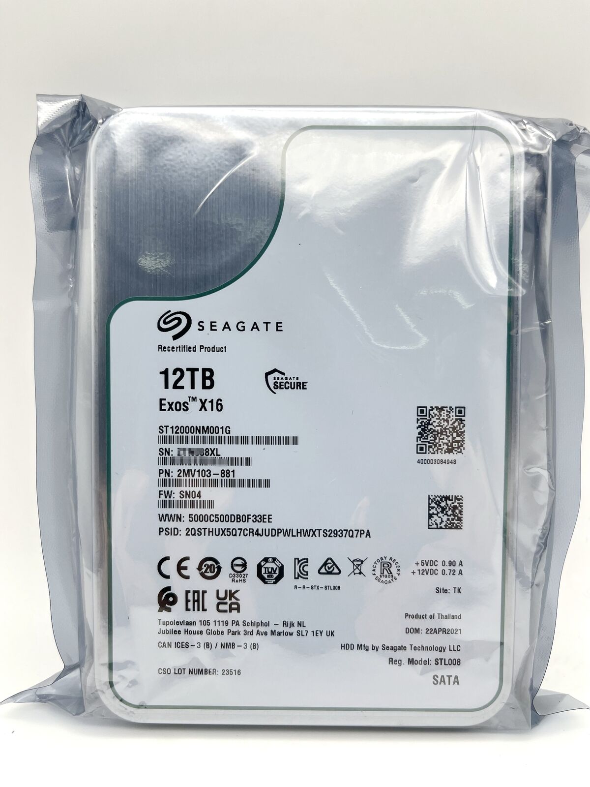 ST12000NM001G Seagate Exos 12TB 3.5 X16 256M Enterprise Internal SATA Hard Drive