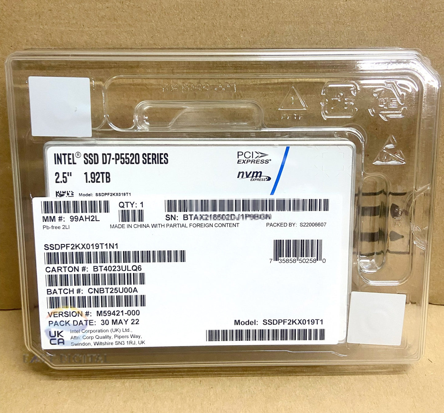 Intel SSDPF2KX019T1N1 P5520 1.92TB PCIE4.0 NVMe U.2 Solid State Drive Brand New