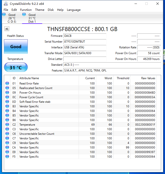 DELL 0VCRY6 THNSF8800CCSE 800GB 2.5" SATA 6Gbs Enterprise Solid State Drive