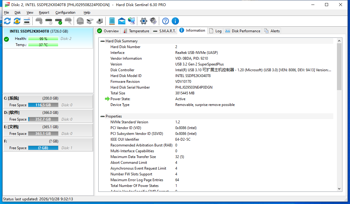 Intel SSDPE2KX040T8 P4510 4TB 2.5 U.2 PCIe NVMe Enterprise Solid State Drive 99%