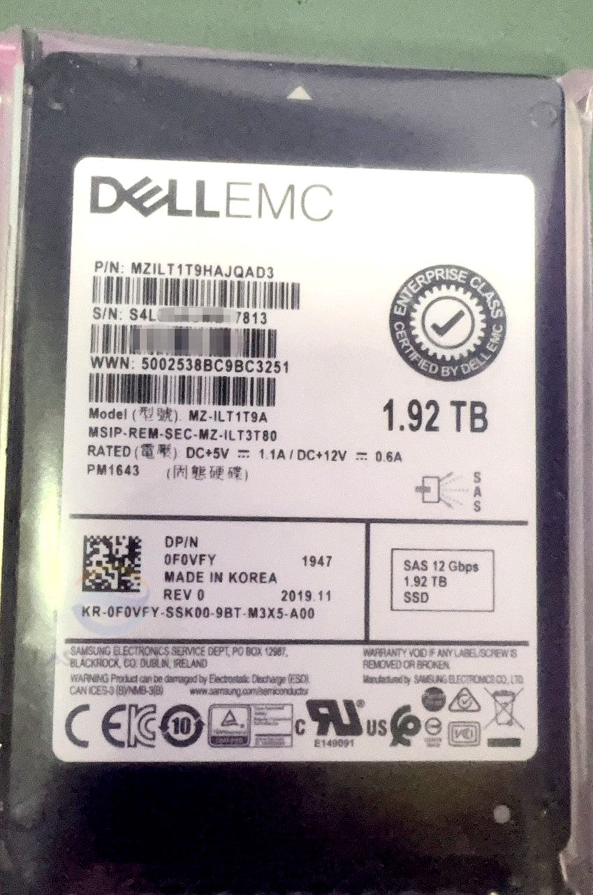 Dell 0F0VFY Samsung PM1643 1.92TB MZ-ILT1T9A 2.5" SAS 12Gbps Solid State Drive