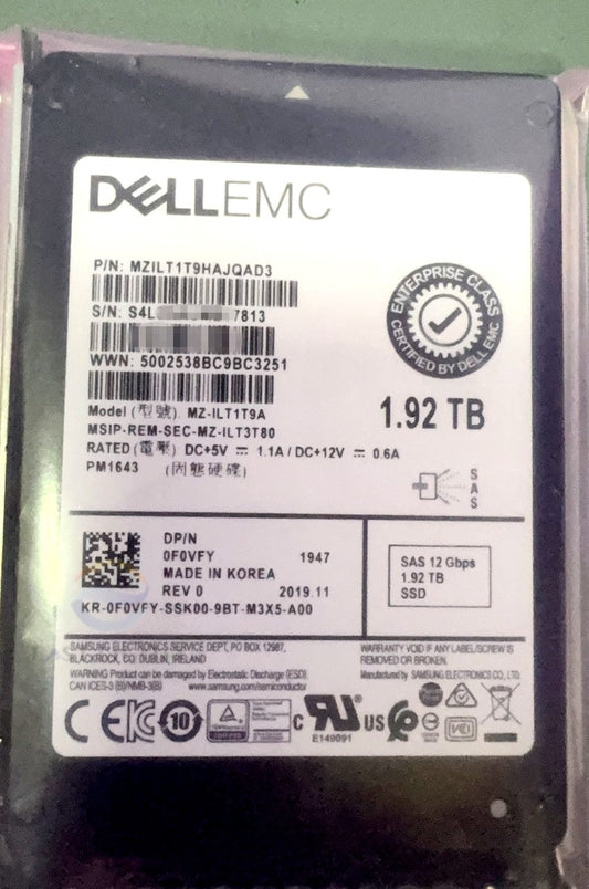 Dell 0F0VFY Samsung PM1643 1.92TB MZ-ILT1T9A 2.5" SAS 12Gbps Solid State Drive