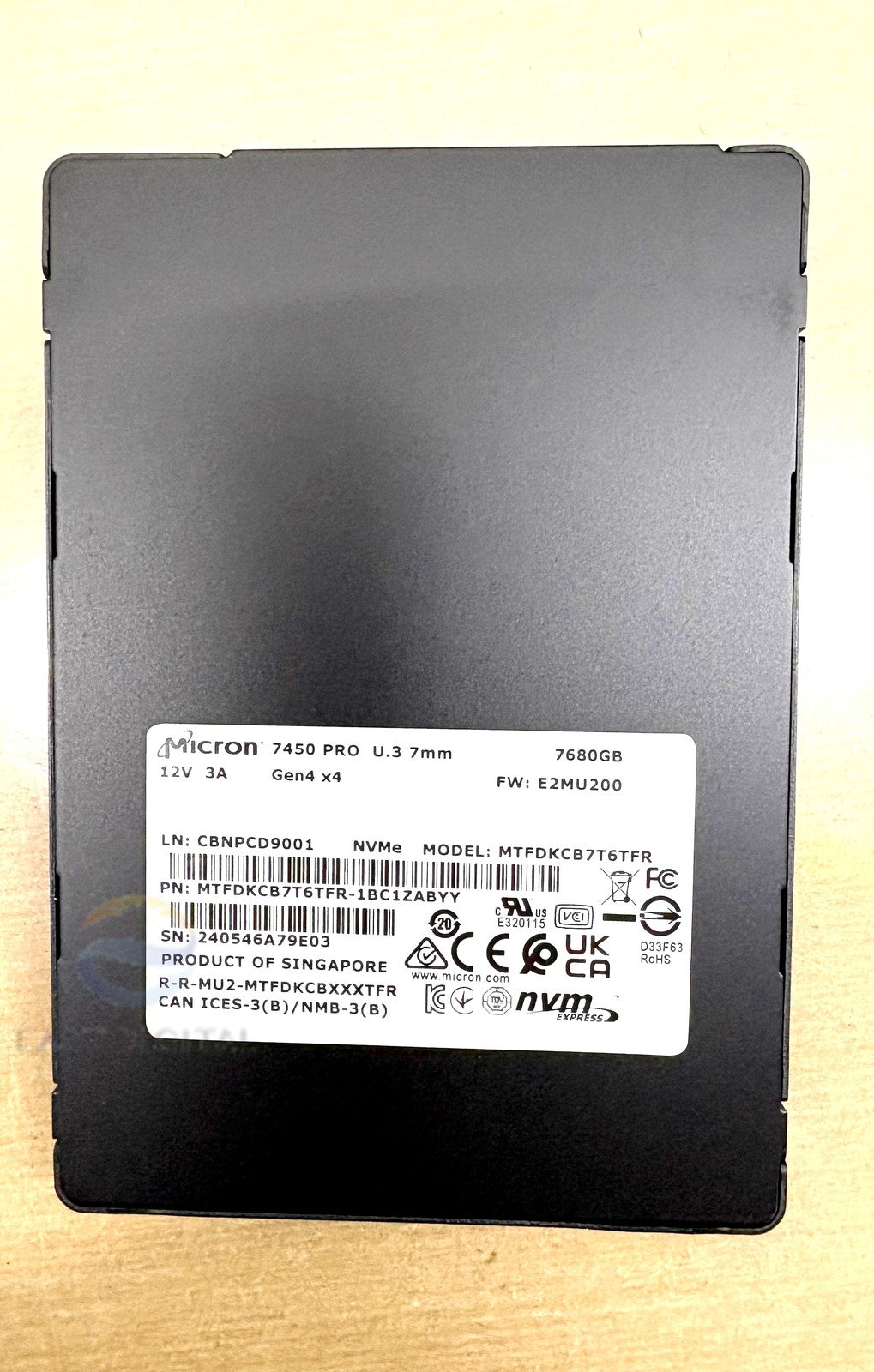 MTFDKCB7T6TFR Micron 1BC1ZABYY 7450 PRO 7.68TB U.3 NVMe 2.5" Solid State Drive