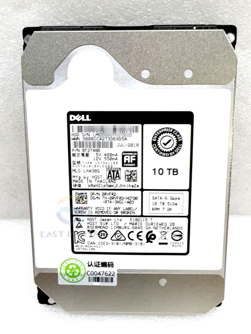 0RVFR2 Dell HGST HUH721010ALE600 3.5'' 10TB SATA 7.2K 6Gbps Hard Drive 0F27486