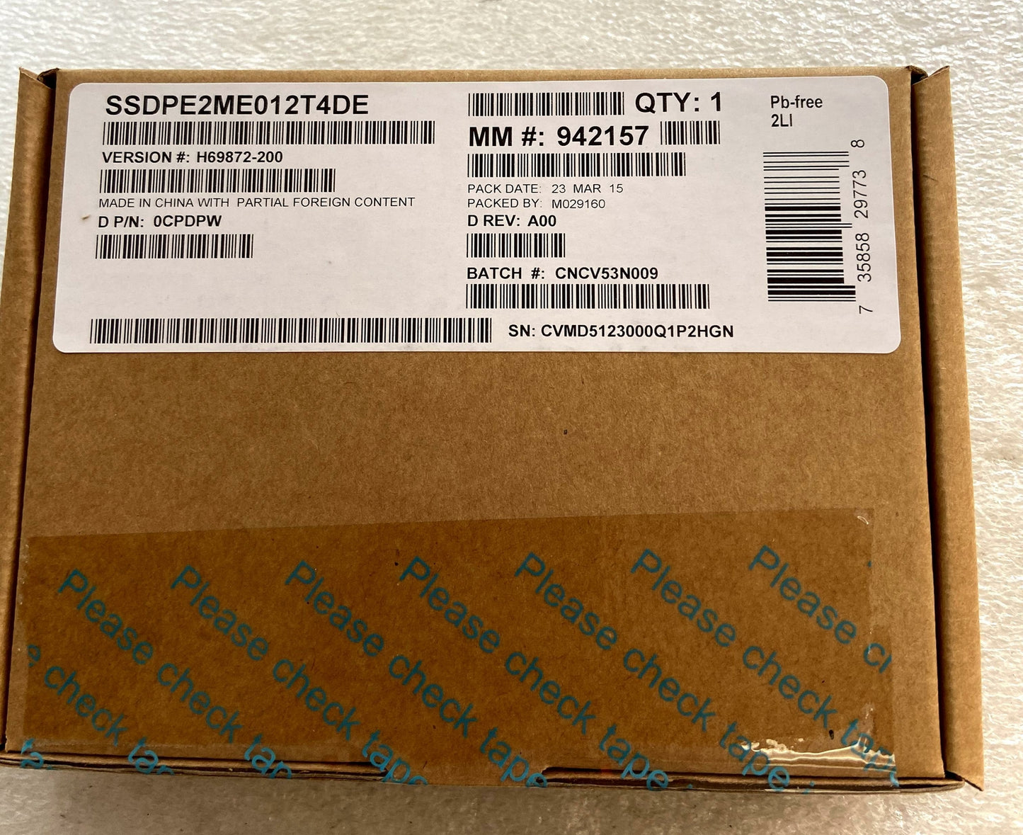 Intel Dell SSDPE2ME012T4DE 0CPDPW P3600 Series 1.2TB 2.5" PCIe 3.0 NVMe,U.2 SSD