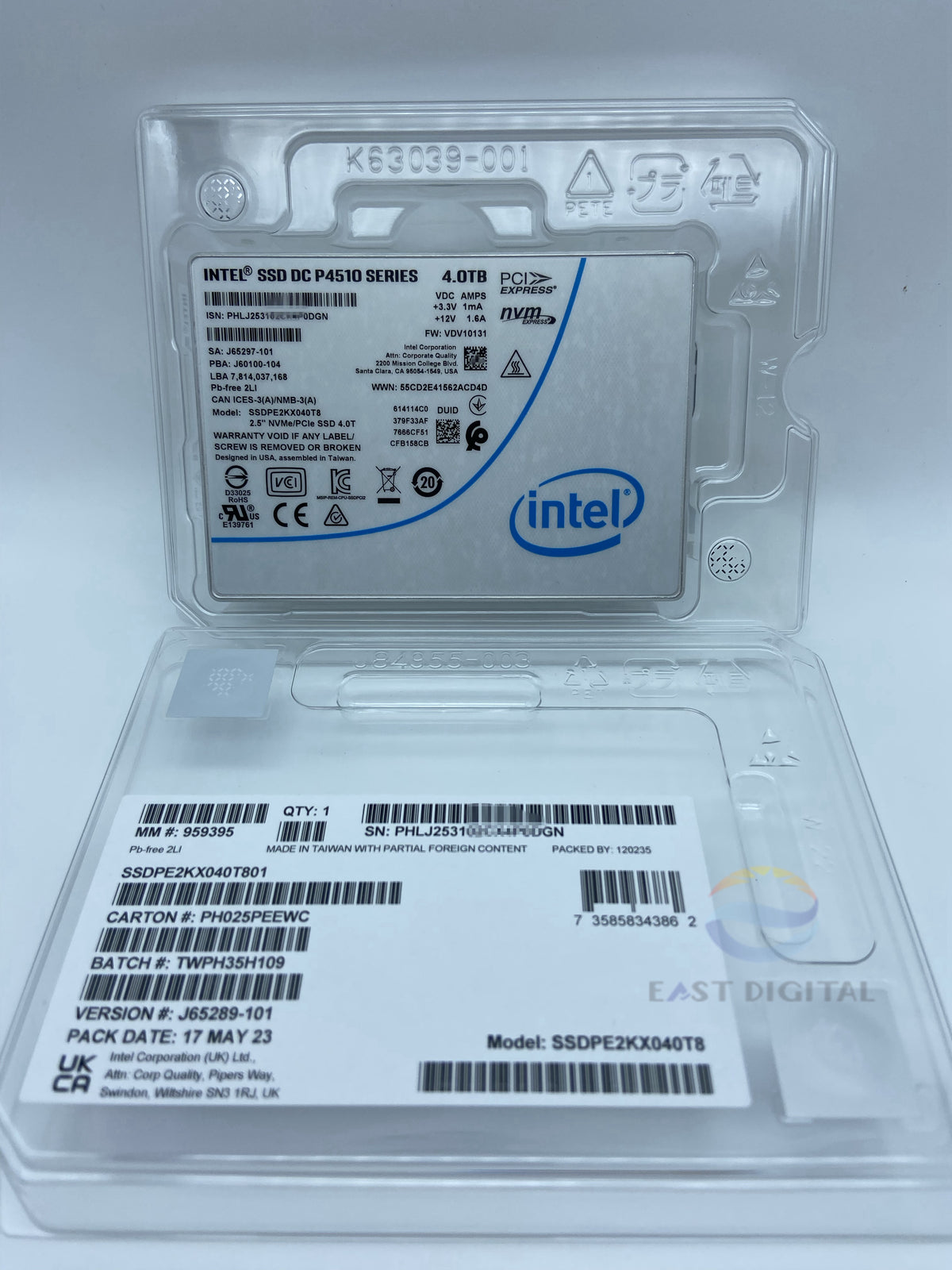Intel DC P4510 Series 4.0TB 2.5" SSDPE2KX040T801 Pcle NVMe 3.1 U.2 TLC SSD NEW