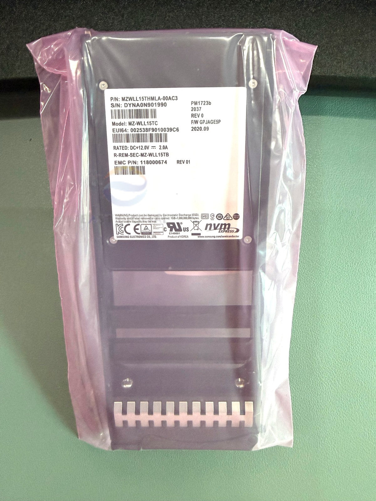 Samsung MZ-WLL15TC PM1723b 15.36TB 2.5 NVMe U.2 MZWLL15THMLA-00AC3 SSD 118000674