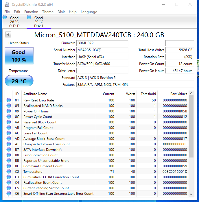 Micron MTFDDAV240TCB 5100 PRO 240GB 2.5" M.2 SATA 6Gbs Solid State Drive SSD