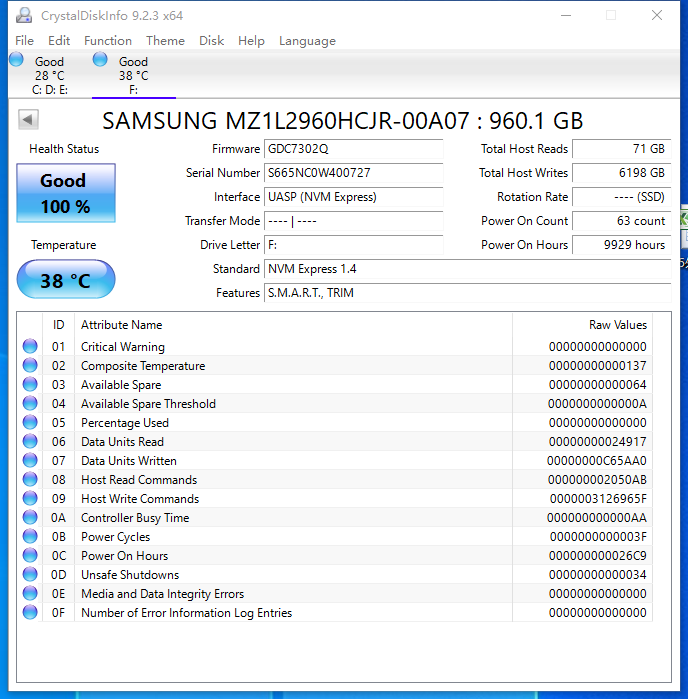SAMSUNG MZ-1L29600 PM9A3 960GB 2.5" M.2 MZ1L2960HCJR-00A07 PCIe4 NVMe SSD 2023