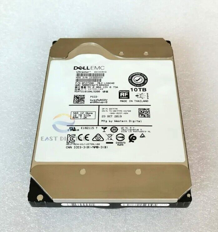 Dell 7FPR 07FPR HUH721010AL5200 10TB 7.2K SAS 12G 512e 3.5 Hot-Plug Hard Drive