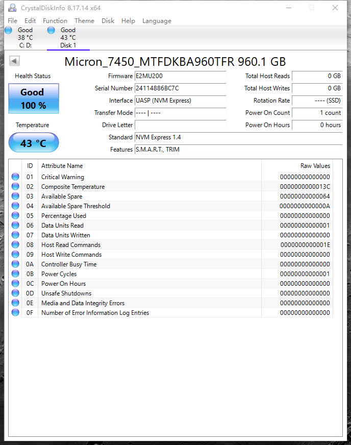 Micron 7450 PRO MTFDKBA960TFR 960GB M.2 2280 NVMe PCIe4.0 1BC1ZABYY SSD E2MU200
