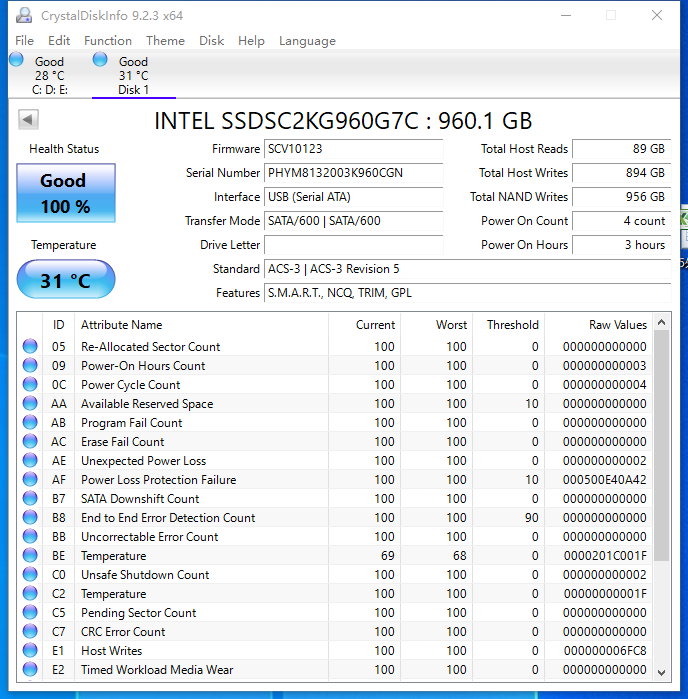 Intel SSDSC2KG960G7C S4600 960GB 2.5" SATA 6Gb/s Enterprise Solid State Drive