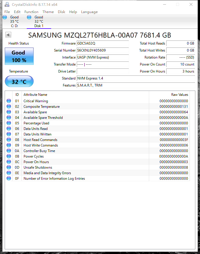 Samsung MZ-QL27T60 PM9A3 7.68TB 2.5" NVMe U.2 MZQL27T6HBLA-00A07 SSD