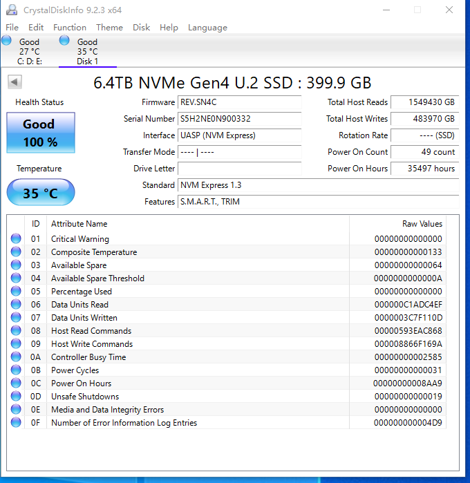 MZ-WLJ6T40 IBM 01LU969 PM1735 6.4TB MZWLJ6T4HALA U.2 NVMe 2.5" Solid State Drive