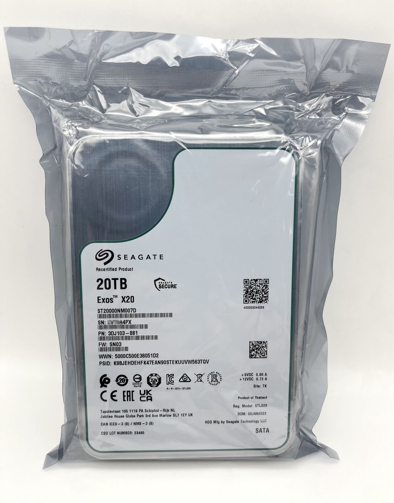 ST20000NM007D Seagate Exos 20TB 3.5 X20 256M Internal Enterprise SATA Hard Drive