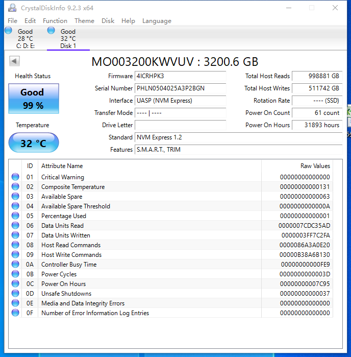 INTEL SSDPE2KE032T8P P4610 3.2TB 2.5" U.2 NVMe P10592-002 Solid State Drive