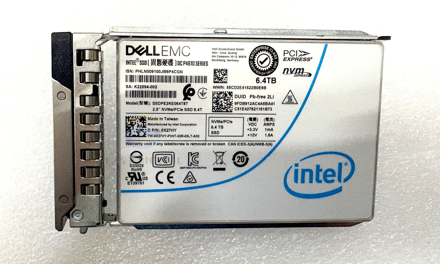 Dell 0X27HY SSDPE2KE064T8T P4610 6.4TB 2.5 NVMe U.2 Enterprise Solid State Drive