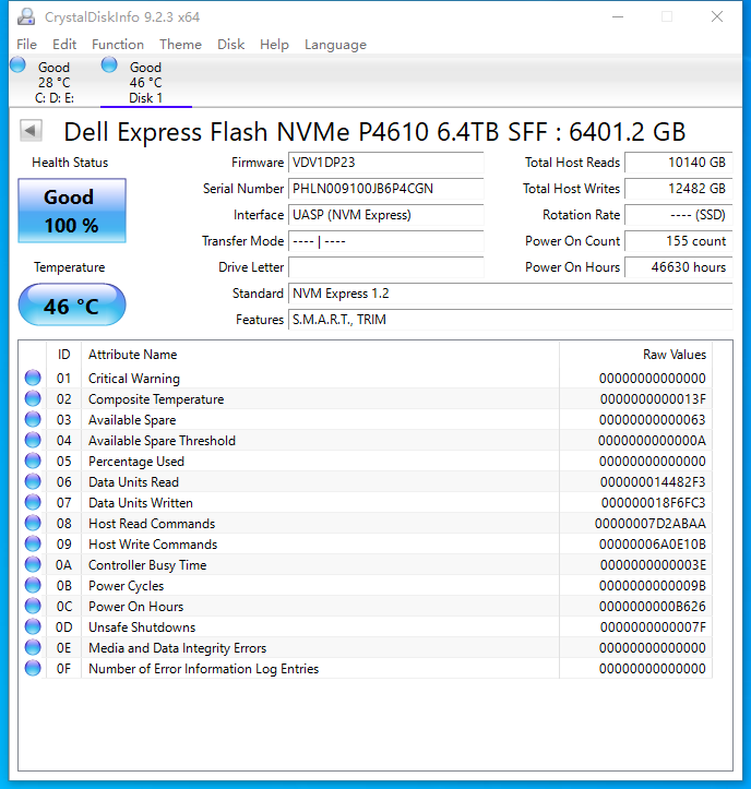 Dell 0X27HY SSDPE2KE064T8T P4610 6.4TB 2.5 NVMe U.2 Enterprise Solid State Drive