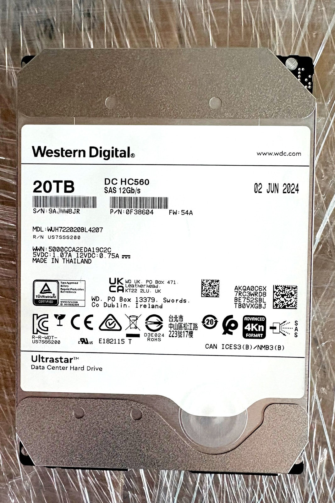 WD Ultrastar DC HC560 20TB SAS 3.5" Enterprise WUH722020BL4207 12Gbs Hard Drive