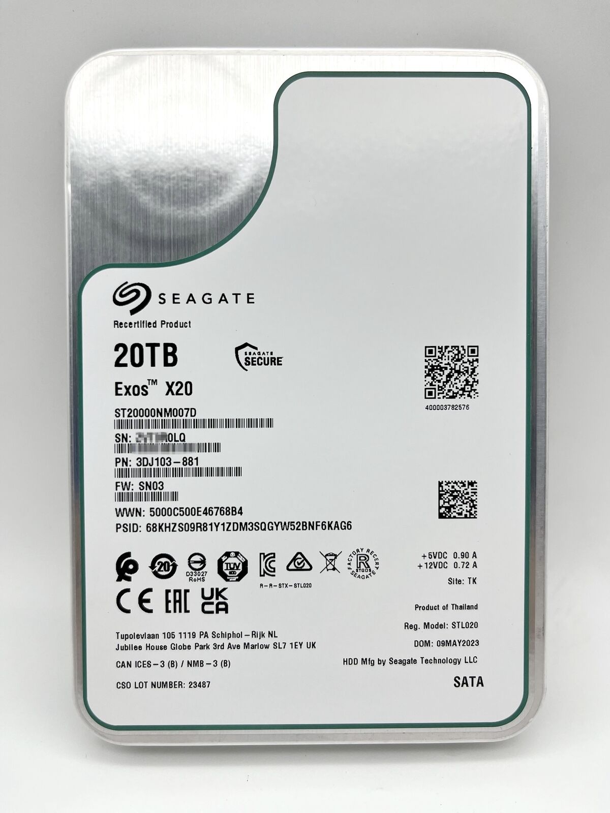 ST20000NM007D Seagate Exos 20TB 3.5 X20 256M Internal Enterprise SATA Hard Drive