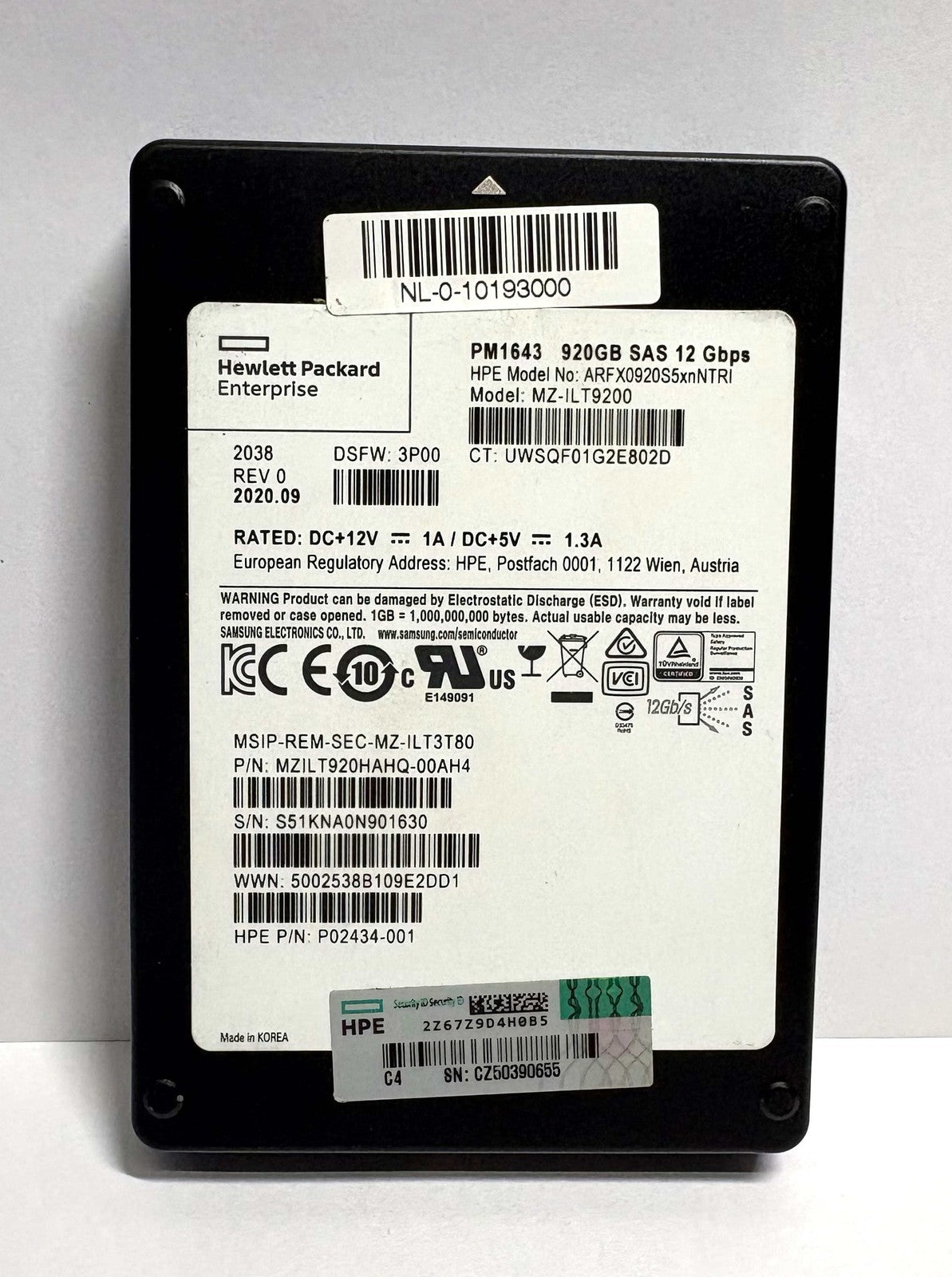 3PAR HPE MZ-ILT920 PM1643 920GB 2.5 MZILT920HAHQ-00AH4 SAS 12Gbps SSD P02434-001